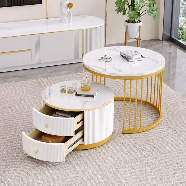 Tavolini da salotto impilabili moderni con 2 cassetti e piani lucidi effetto marmo in MDF bianco per soggiorno