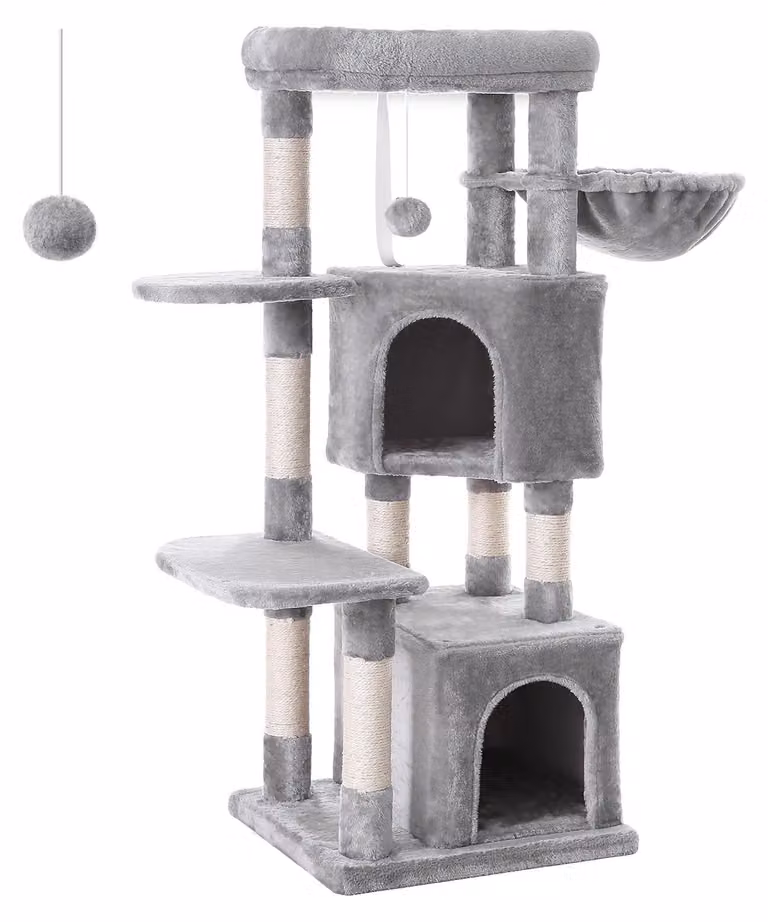 Tiragraffi - Albero da arrampicata per gatti - Altezza 120 cm - Due cucce - Almeno 5 livelli - Stabile con protezione antiribaltamento - Nylon - Grigio