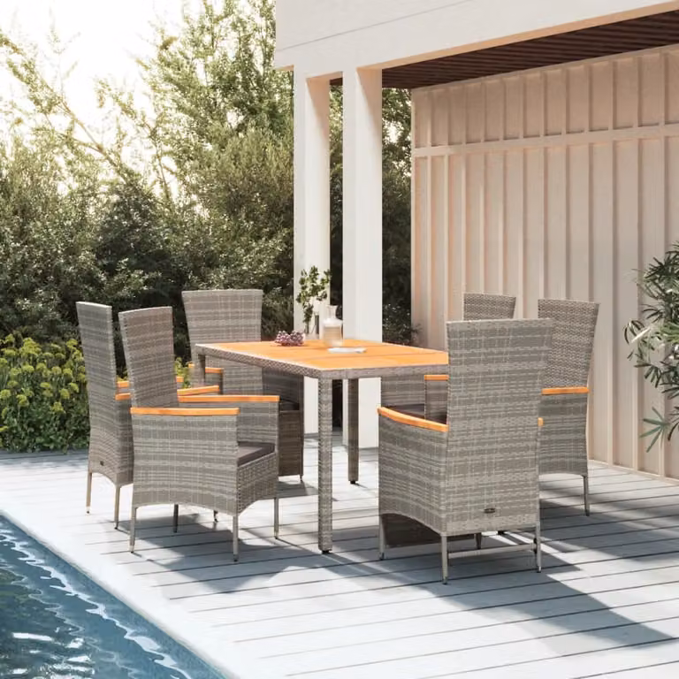 Set da Pranzo da Giardino vidaXL in Polyrattan e Legno di Acacia Grigio con 7 Pezzi e Cuscini