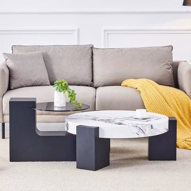 Set 2 tavolini rotondi MDF e vetro effetto marmo bianco e nero 61x30 cm e 44x44 cm
