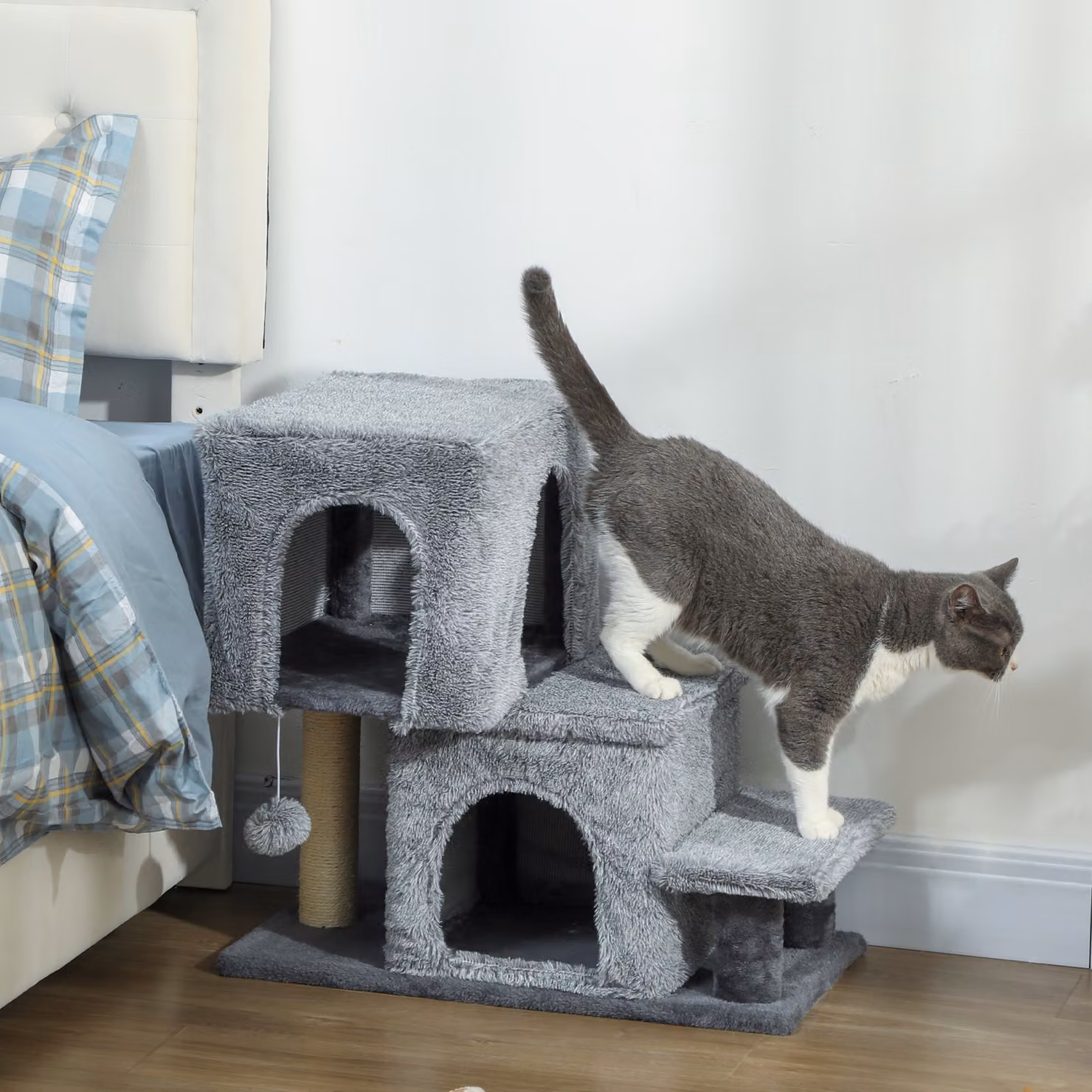 Scaletta per Gatti PawHut a 4 Gradini Regolabile con 2 Casette, Palo Tiragraffi e Pallina, Grigio – 2