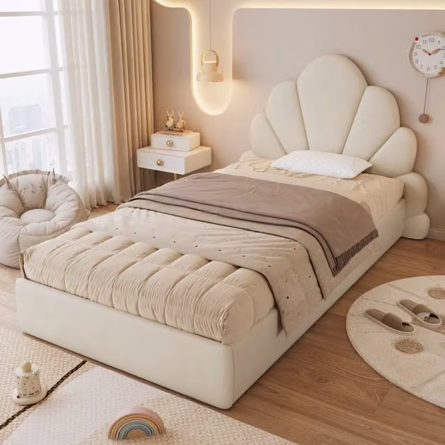 Letto Singolo REDOM Imbottito in Velluto Beige L/P: 90 x 200 cm
