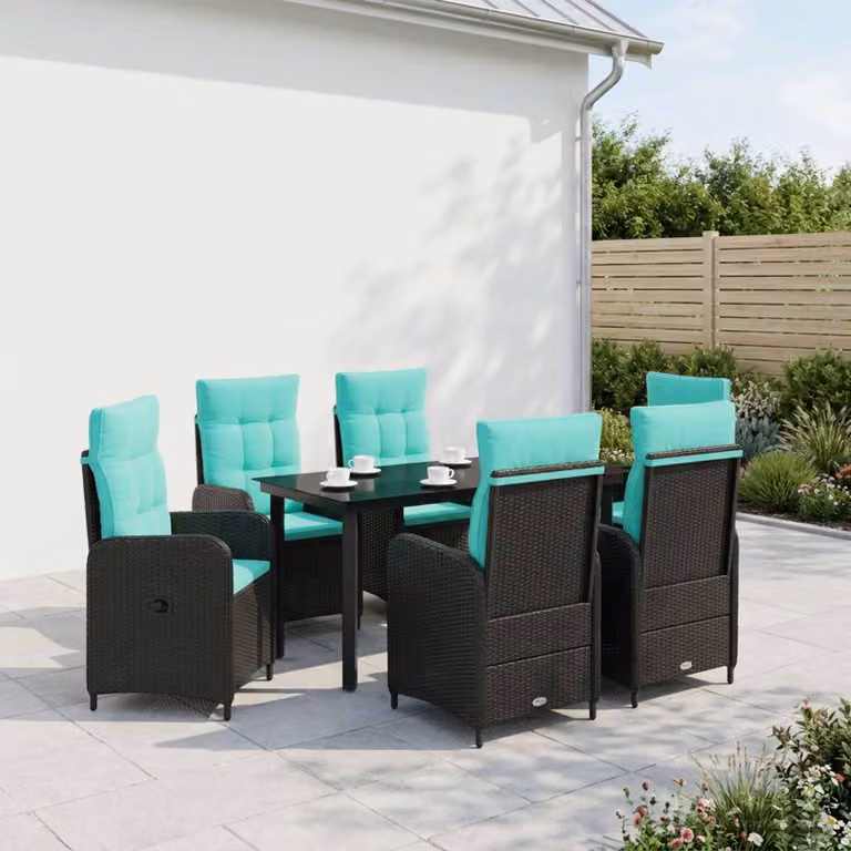 Set da pranzo per giardino e terrazzo vidaXL in polyrattan da 7 pezzi, Nero e Turchese