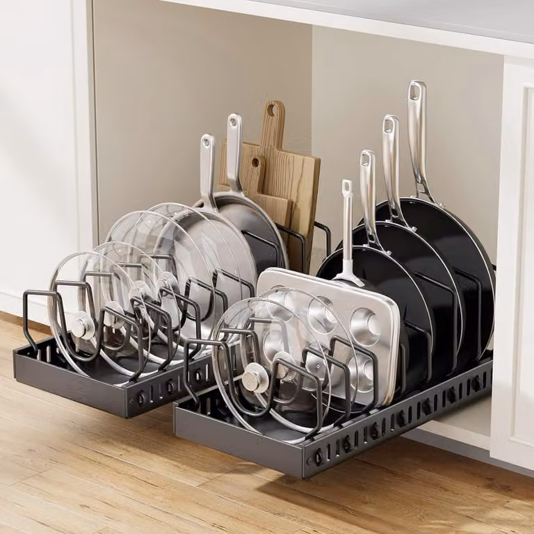Set di 2 organizer estraibili per pentole, ideali per mobili sottopensili