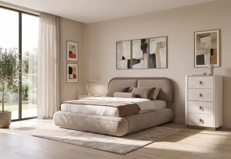 Set per camera da letto matrimoniale: letto matrimoniale imbottito, comodino, design moderno, colore beige, elegante