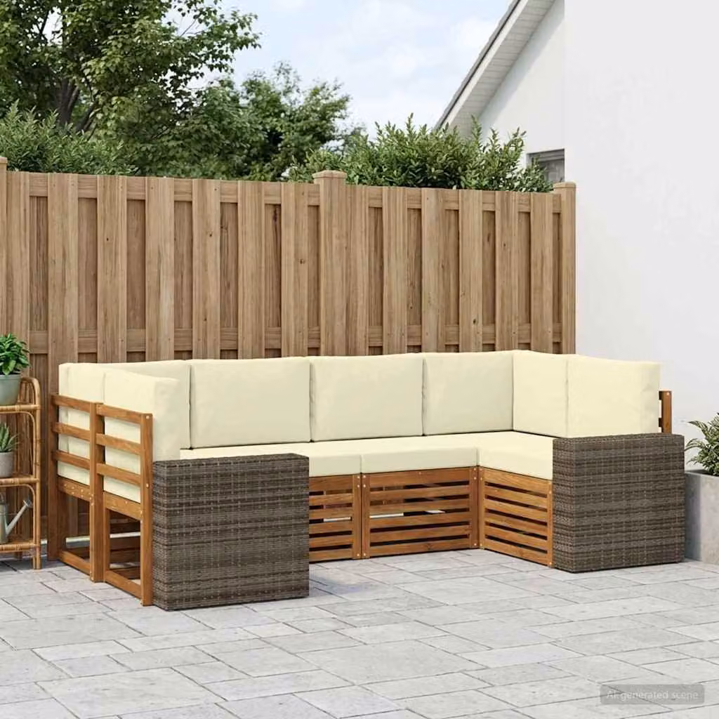 Set di divani da esterno vidaXL a forma di L composto da 6 pezzi in legno di acacia con cuscini beige e bianchi per giardino e terrazza