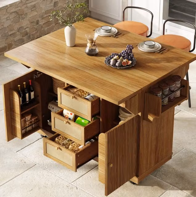 Carrello da cucina ULEVR 142,5x80x95 cm con piani ribaltabili, cassetti in rattan PE e ripiani regolabili, marrone scuro