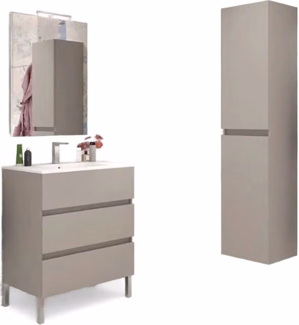 Mobile da bagno moderno GIORDANOSHOP con lavabo in ceramica e specchio con illuminazione LED, colore beige, L: 100 cm
