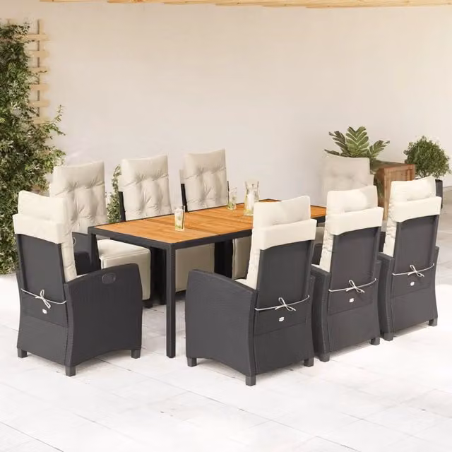 Set da pranzo da giardino vidaXL in polyrattan nero con cuscini e tavolo in legno di acacia – 1