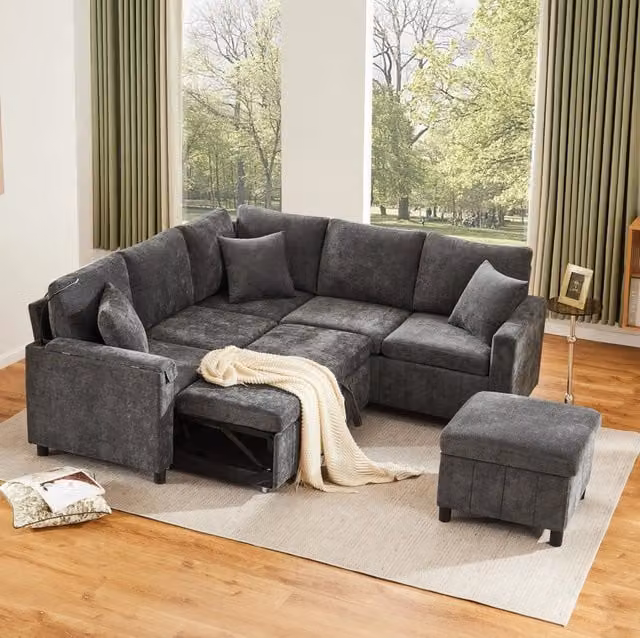 Divano angolare MODFU grigio con letto estraibile, porta tazze, illuminazione LED e ricarica USB, L/P/H: 205 x 205 x 85 cm