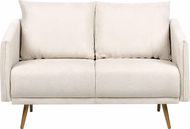 Divano Tessuto Beige 2 Posti Schienale Imbottito Gambe In Metallo Dorato Retrò Glam