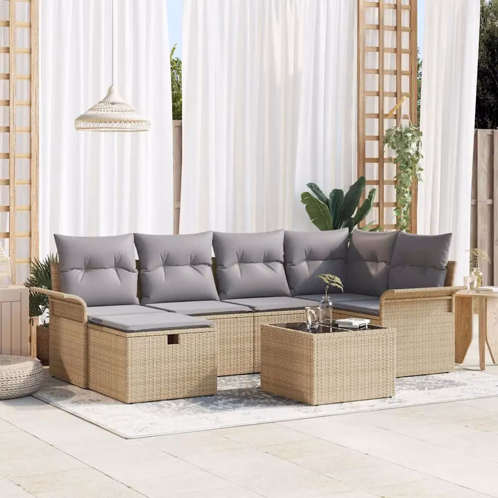 Set Divano da Giardino vidaXL in Polyrattan 7 Pezzi Beige e Grigio con Cuscini e Tavolino – 1