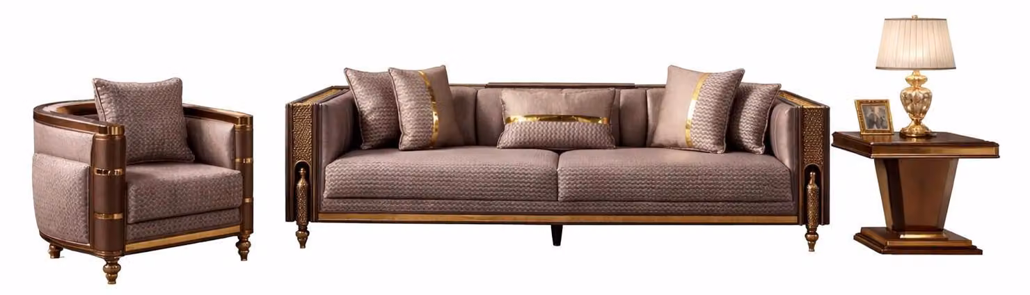 Set da salotto: divano a 4 posti, poltrona e tavolino in stile Art Déco, colore marrone
