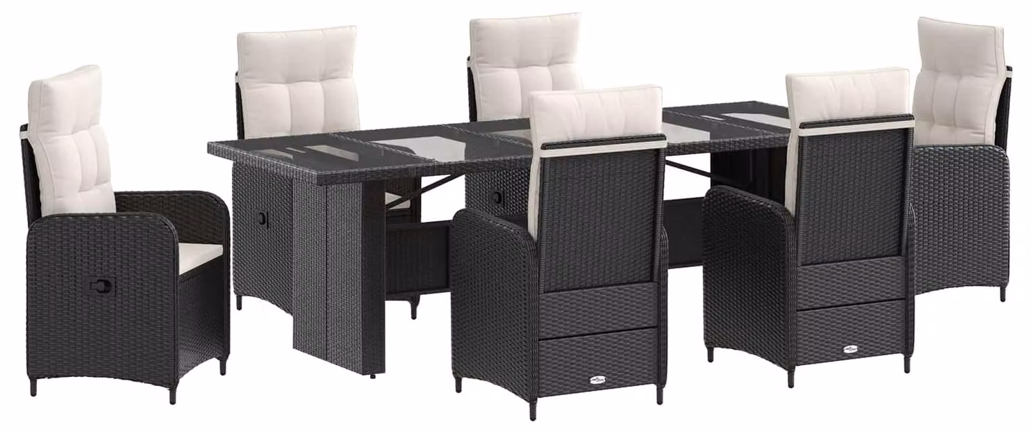 Set da tavolo da esterno, 7 pezzi, in rattan sintetico nero e crema