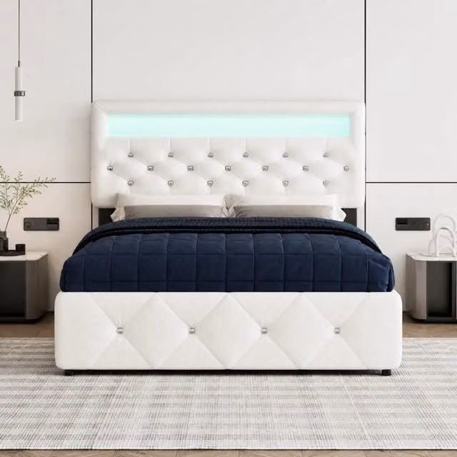 Letto matrimoniale moderno in tessuto bianco con contenitore e illuminazione sottostante L/P/H: 140 x 200 x 44,5 cm