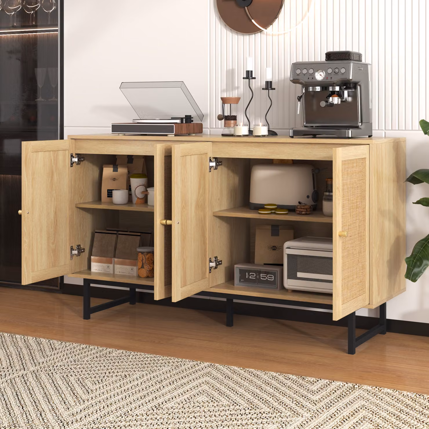 Cassettiera AIORBER, in vero midollino di rattan, 4 ante, gambe alte 18 cm, ampio spazio di archiviazione, credenza, per soggiorno, sala da pranzo, 140x39,5x80 cm, colore legno
