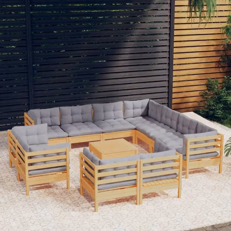 The Living Store Set salotto da giardino 12 pezzi con cuscini grigi in legno di pino massiccio