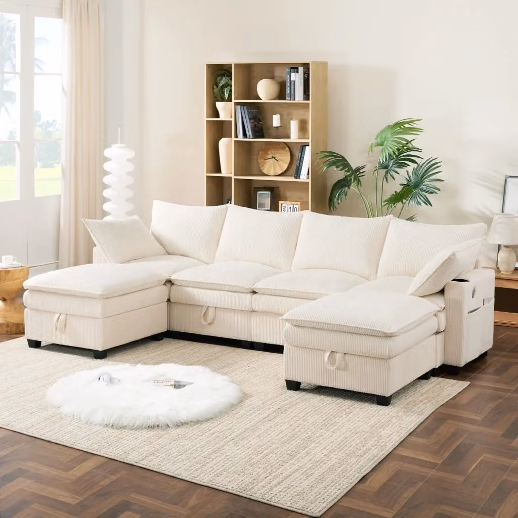 Divano panoramico modulare MIVRAY a forma di U in velluto a coste beige con 2 pouf, ricarica USB e portabicchieri, L: 280 cm, P: 151 cm, H: 82 cm – 2