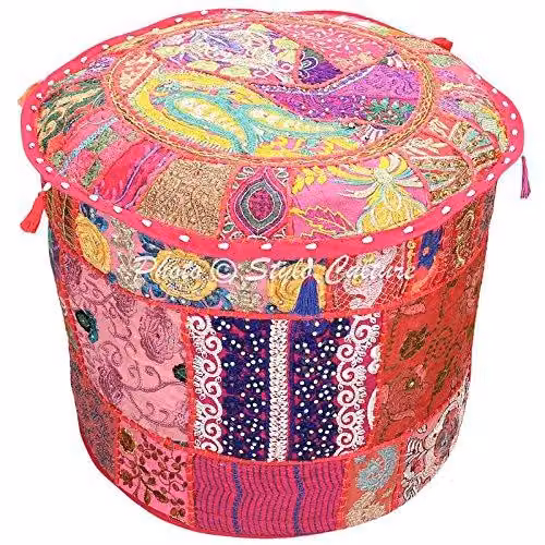Copertura rotonda per pouf, patchwork ricamato, cotone, 55x35 cm, rosa