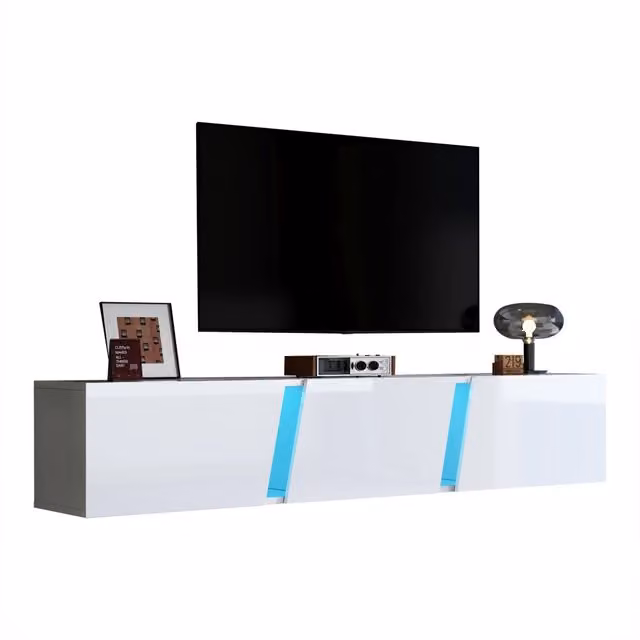Mobile TV sospeso moderno con 3 ante, illuminazione LED e 5 vani, finitura lucida in pannello di particelle, Bianco, L: 180 cm, P: 35 cm, H: 30 cm – 1