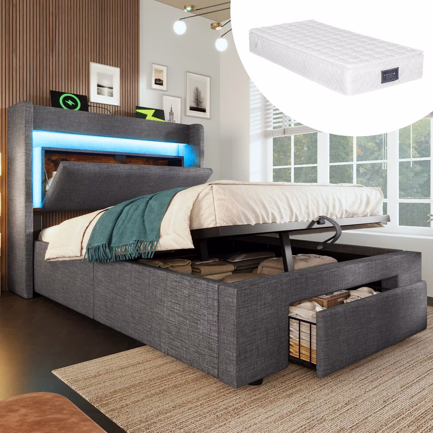 MODFU Letto imbottito 90x200, singolo con spazio contenitore e testiera con vano portaoggetti, letto con rete a doghe e illuminazione LED, porte USB e USB-C, completo di materasso, colore grigio