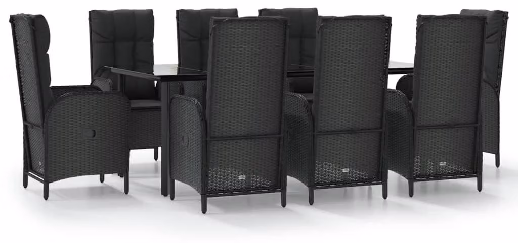 Set da giardino composto da 9 pezzi, colore nero, in rattan sintetico, con tavolo in vetro, dimensioni 200 cm