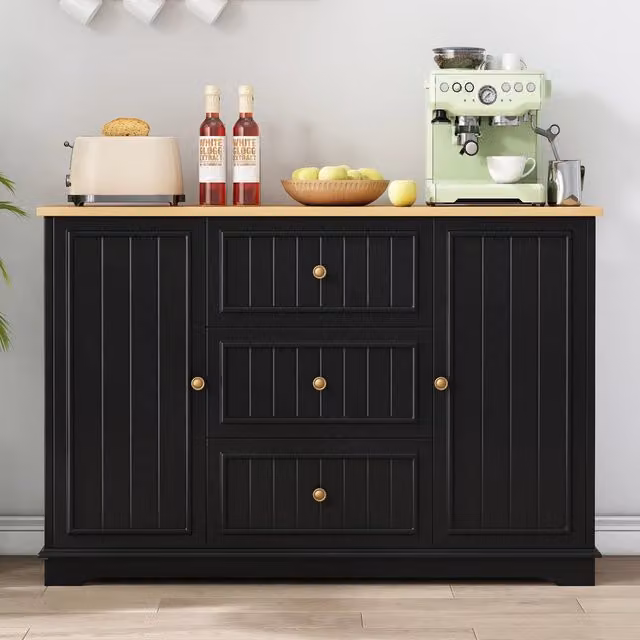Credenza per cucina con 3 cassetti; ante tipo frigorifero e ripiani regolabili in MDF nero 126 × 40 × 86 cm