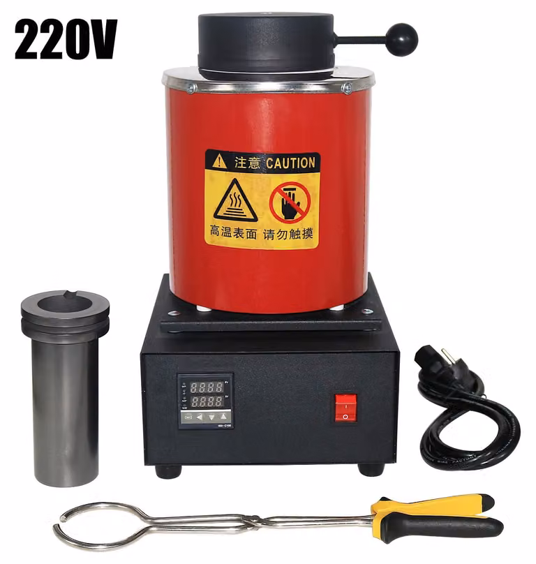 Fornace elettrica per la fusione dell'oro - Forno per la fusione dei metalli - Capacità: 2 kg - Potenza: 1400 W - Controllo digitale della temperatura - Temperatura massima: 1100 °C - Tensione: 220 V - Colore: rosso