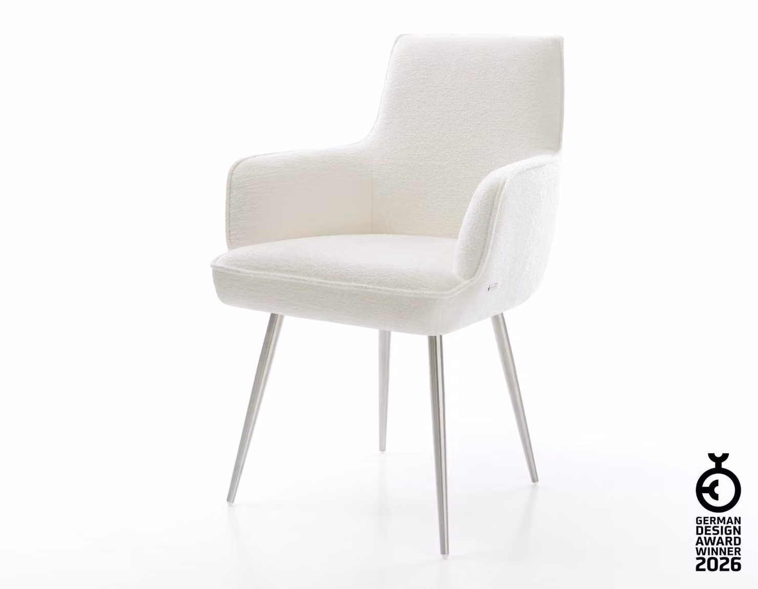 Sedia da pranzo DELIFE Heira-Flex con braccioli Bouclé Soft Beige 4 gambe coniche in acciaio inossidabile Molle insacchettate