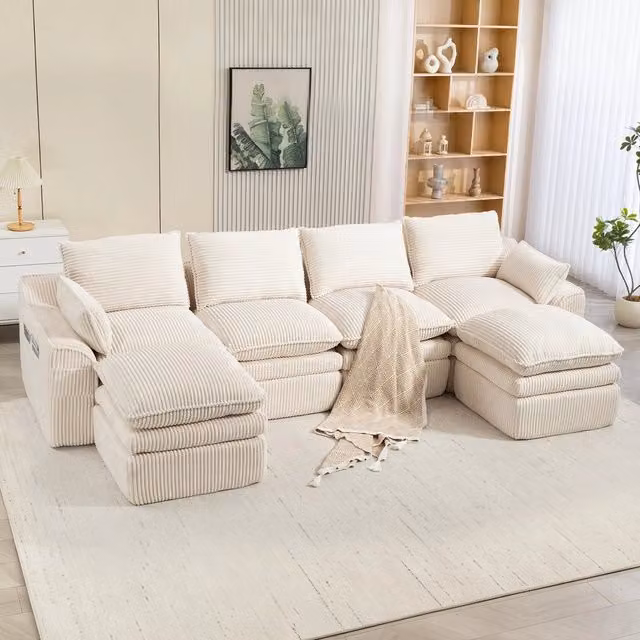 Divano modulare Zephmum a 4 posti in forma a U con pouf e cuscini beige