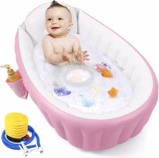 Piscina gonfiabile portatile per neonati, piscina per bambini piccoli con ventilatore, gonfiabile per neonati, dotata di protezione anticaduta, colore rosa.
