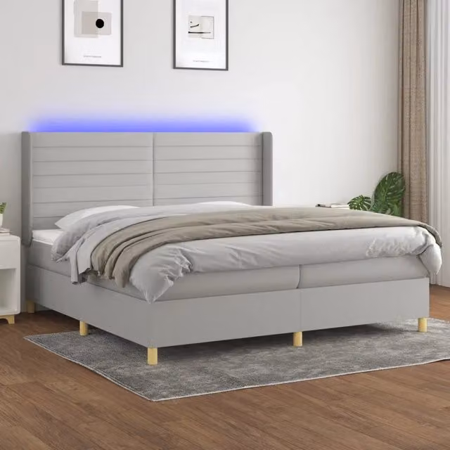 Letto moderno vidaXL con materasso a molle insacchettate, illuminazione LED sottostante e porte USB, Grigio Chiaro, L/P/H: 200 x 200 x 203 cm – 1