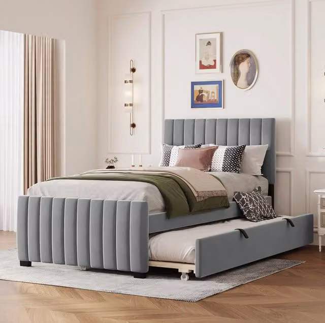 Letto imbottito 90 x 190 cm con letto estraibile in tessuto di velluto grigio per bambini e ospiti