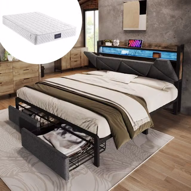 Letto matrimoniale – 140x200 cm – USBC LED contenitore con materasso – lino grigio