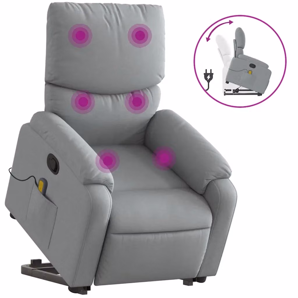 Poltrona Alzapersona Reclinabile con Massaggio Grigio Chiaro in Tessuto e Faux Leather – 2