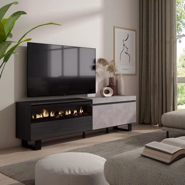 Mobile TV, 200x35x57cm, soggiorno, Per TV fino a 80", Camino elettrico, Design industriale, grigio cemento RF2236