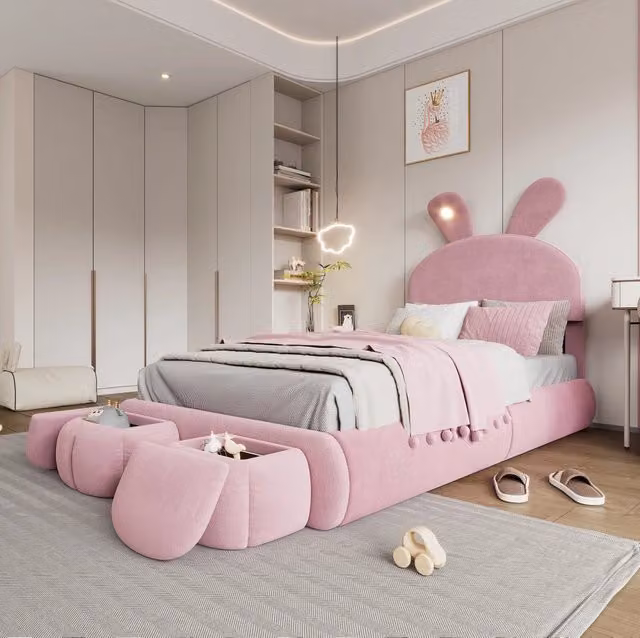 Letto singolo imbottito ULEVR 90x200 cm con orecchie da coniglio LED regolabile e 2 pouf contenitore, velluto rosa