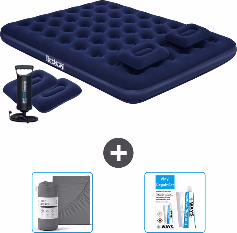 Materasso ad aria Bestway - 2 persone - 152 x 203 x 22 cm - Blu - Pompa a mano inclusa - Cuscini - Accessori