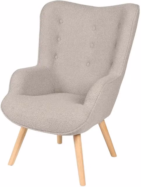 Poltrona da salotto in tessuto teddy grigio con piedi in legno collezione ENJOY. Stile scandinavo