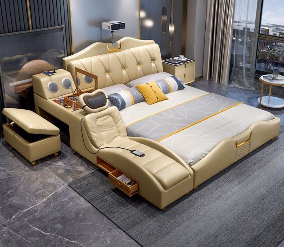 Design Bett Beige Hotel Polster 180x200 Multifunktion Regal Betten