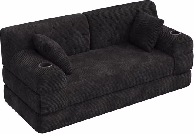 Divano letto 2 posti in velluto a coste con schienale alto, struttura in metallo, 2 portabicchieri e 4 tasche laterali, nero, 168x80x81 cm