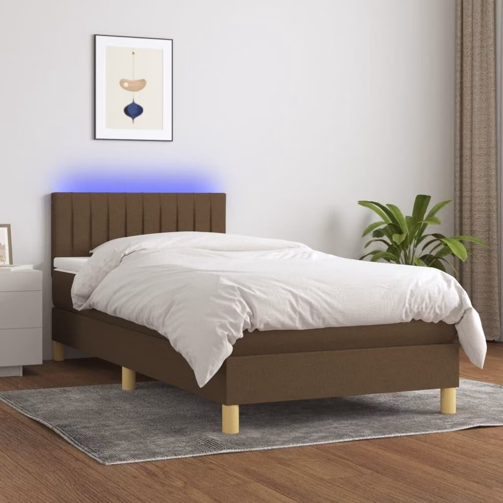 The Living Store Letto a molle con materasso e LED in tessuto marrone scuro 80x200 cm