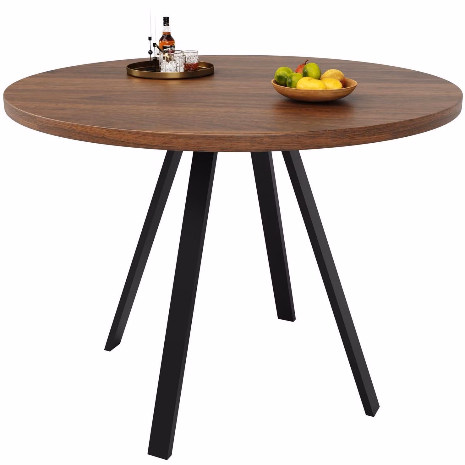 Tavolo rotondo da pranzo, 80x80x75 cm, tavolo da cucina per 4 persone, impiallacciato noce, MDF, struttura in ferro nero