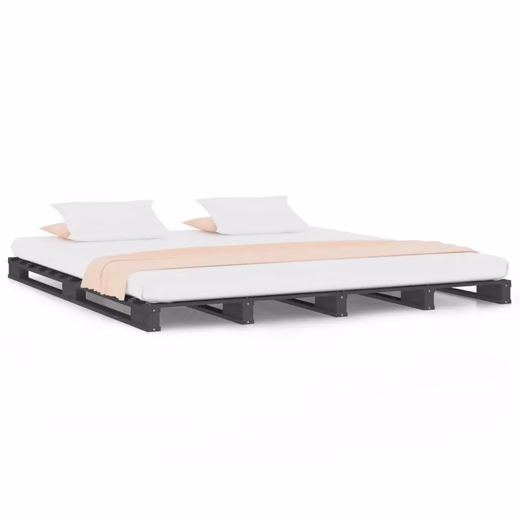 Letto a Pallet vidaXL in Legno di Pino Massello Grigio L: 150 cm, P: 200 cm – 2