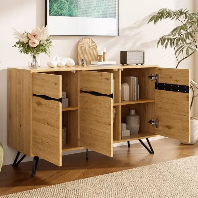Madia moderna OKWISH con 3 ante e vani interni in nero e legno per soggiorno, sala da pranzo o ingresso, L/P/H: 140 x 40 x 75,5 cm