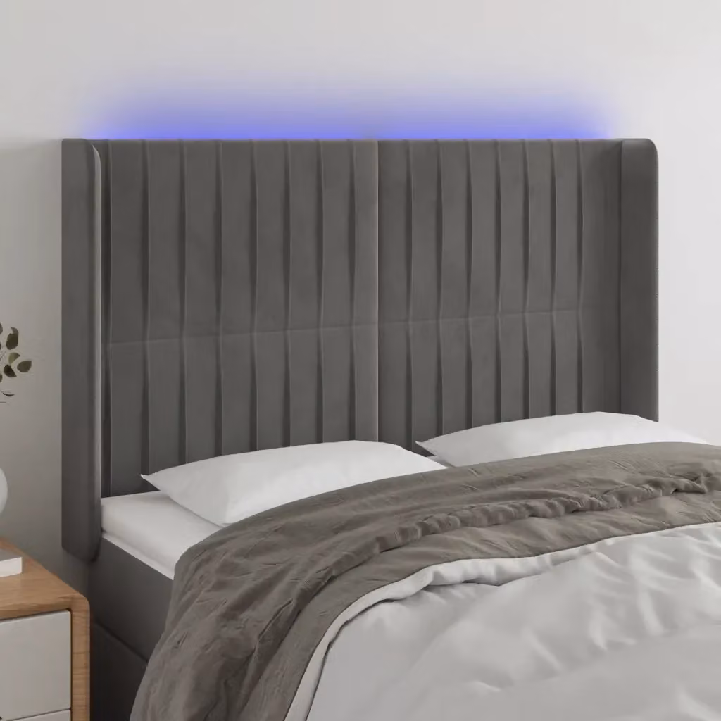 Testata del letto con illuminazione LED e porta di ricarica USB in velluto grigio chiaro, L: 147 cm, P: 16 cm, H: 118/128 cm – 2