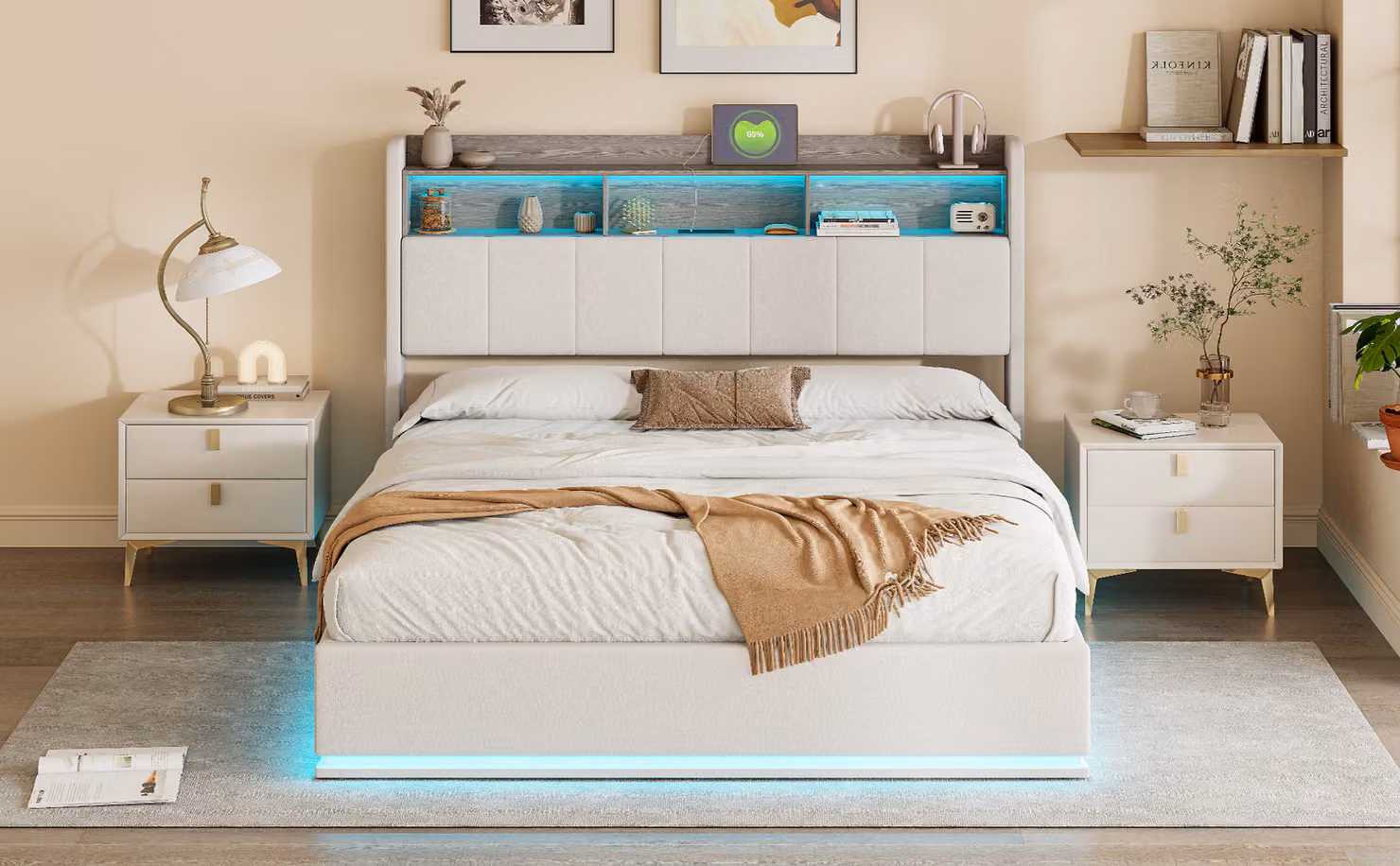Letto matrimoniale 160 x 200 cm con contenitore nella testata e striscia luminosa a LED, resistente, in velluto, bianco