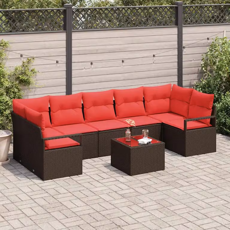 Set Divano da Giardino vidaXL 8 Pezzi con Tavolino, Design Moderno a L, Colore Beige e Rosso
