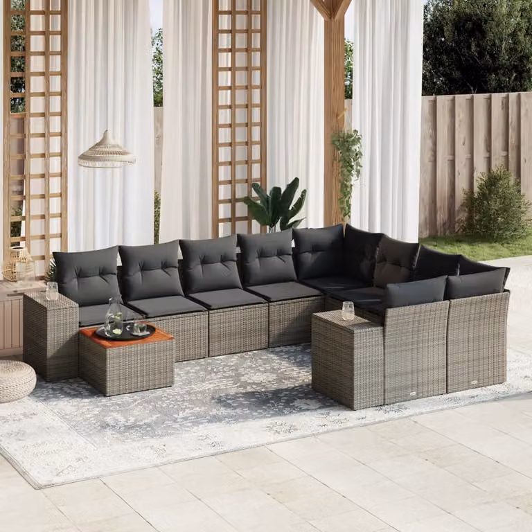 vidaXL Set Divano da Giardino 10 pz in Polyrattan Grigio con Cuscini e Tavolino da Esterno