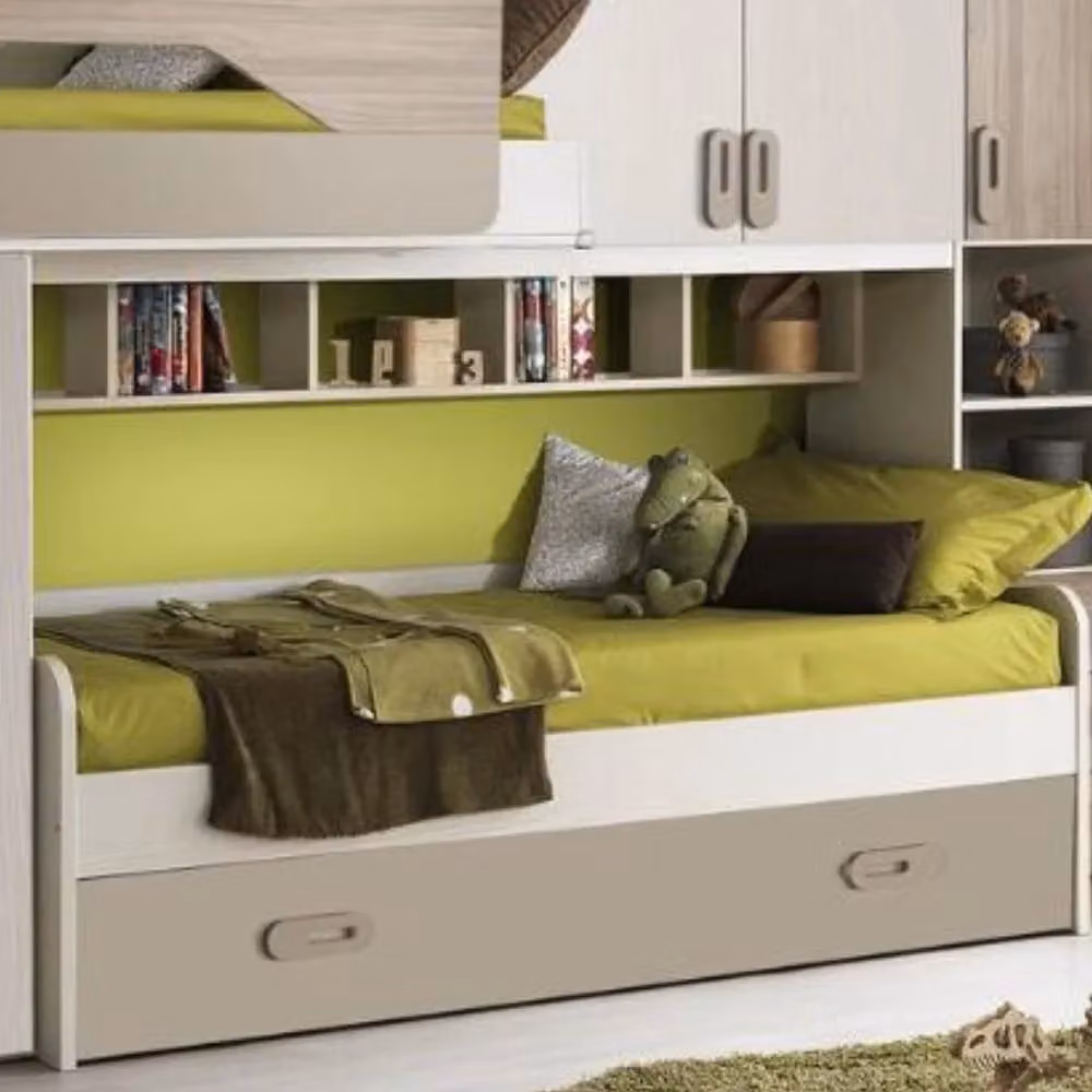 Cameretta soppalco Tezeta per bambini con 3 letti, armadio e scala, colore verde e brown – 2